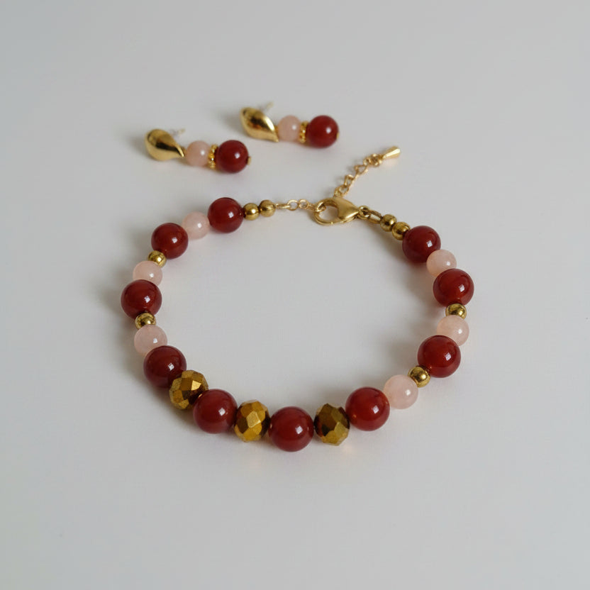 Duo bracelet et boucles d'oreille en cornaline et pierre du soleil