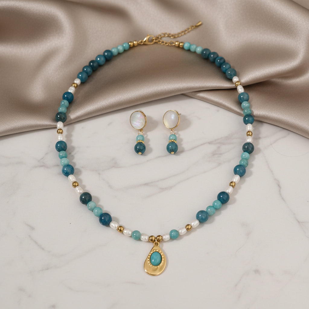 Duo collier et boucles d'oreille en apatite, amazonite, perles d'eau douce et hématite dorée