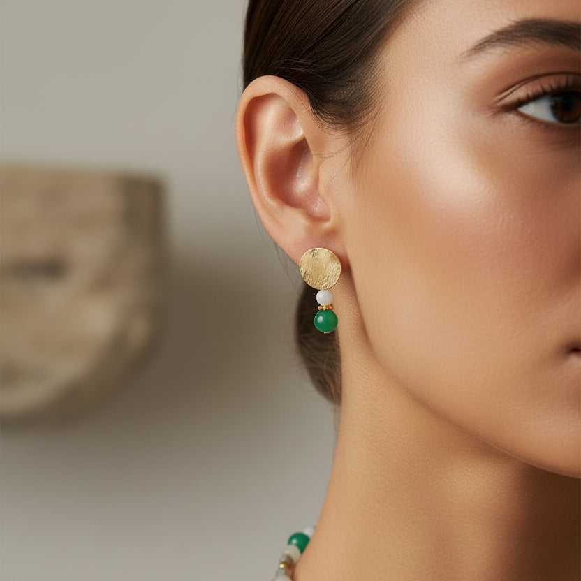 Duo de collier et boucles d'oreille en aventurine, jade mat de chine et jaspe impérial