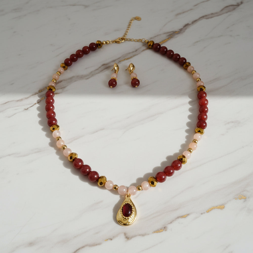 Duo collier et boucles d'oreille en cornaline, pierre du soleil, hématite et rondelles facettées