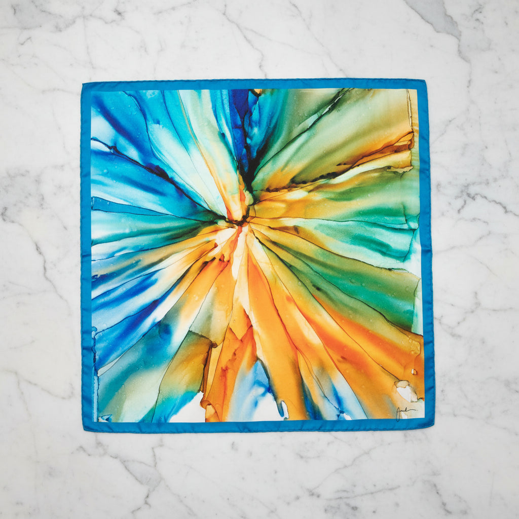 Foulard carré en soie, art fluide bleu et orange