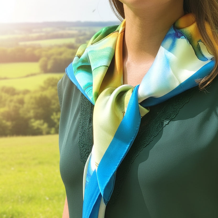 Foulard carré en soie satin, art fluide bleu et orange