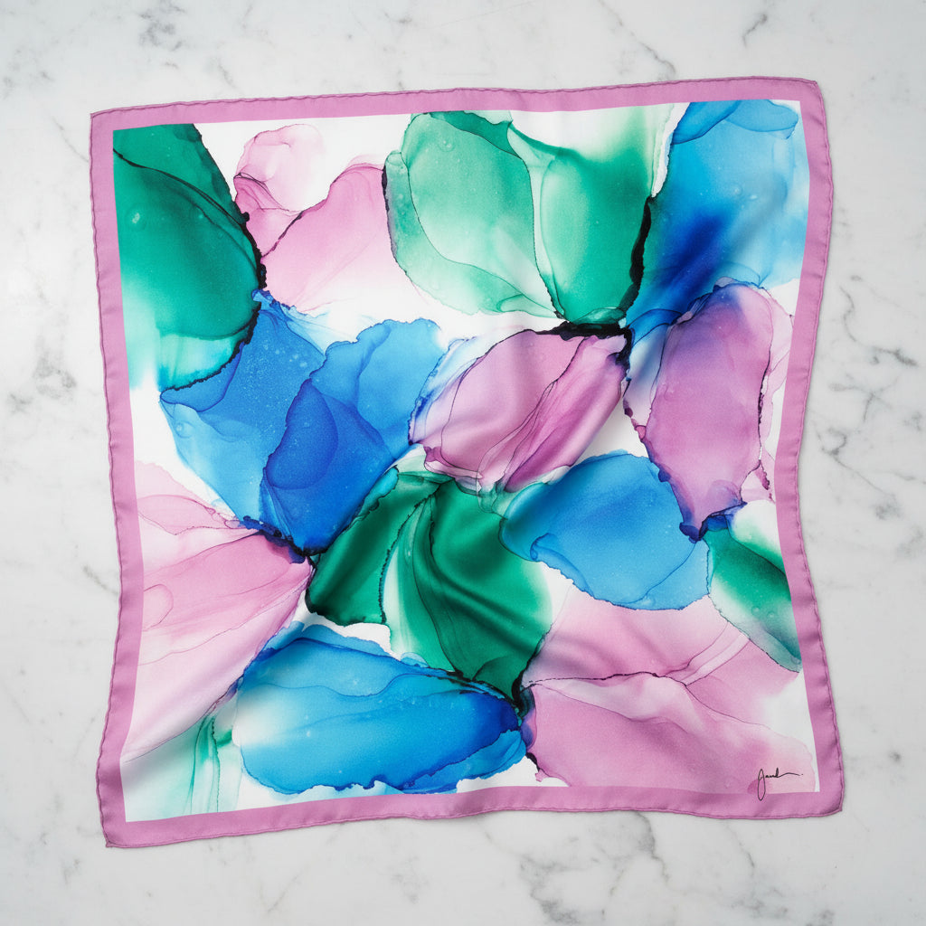 Foulard carré en soie et satin, art fluide bleu, vert et lilas