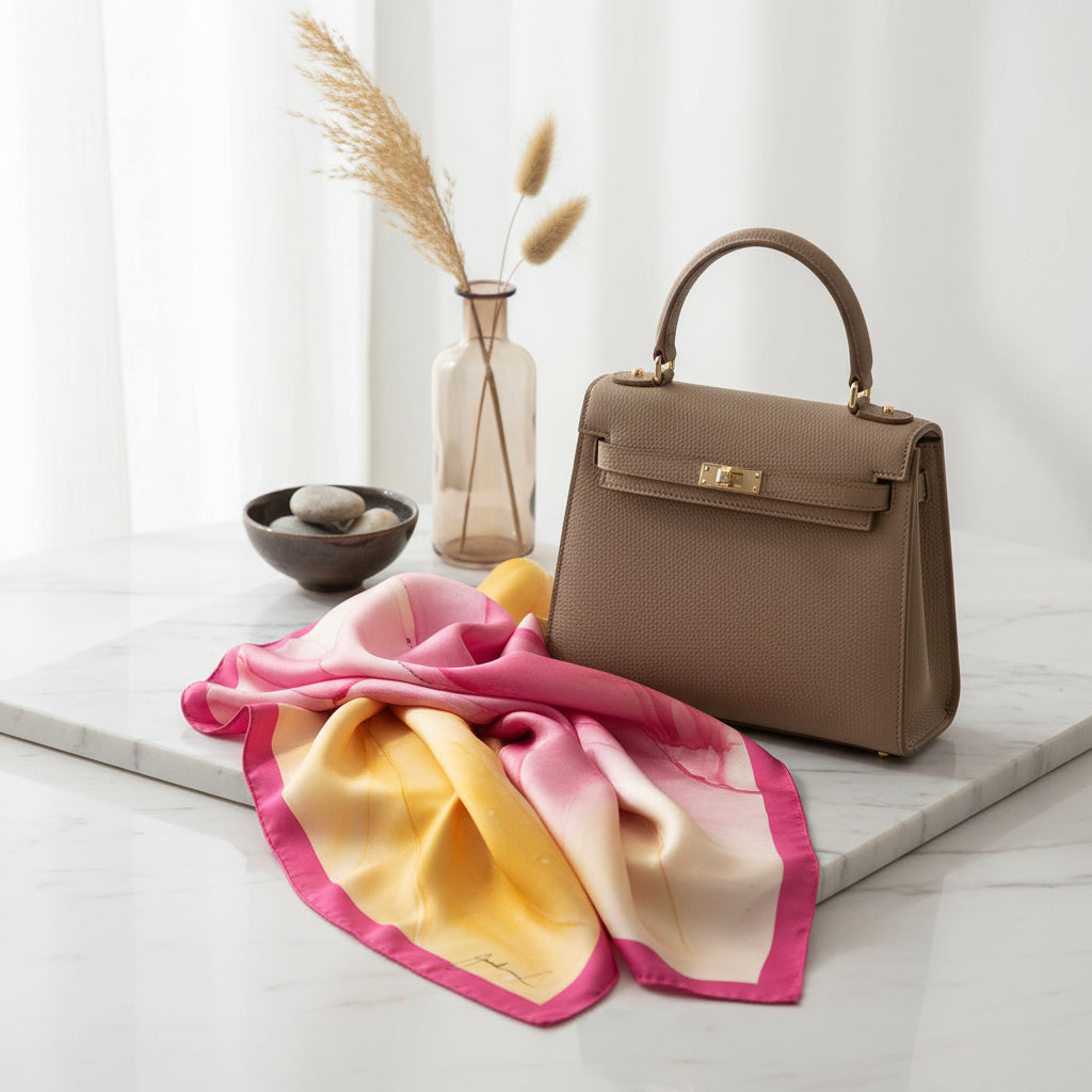 Foulard carré en soie satin, art fluide rose et doré