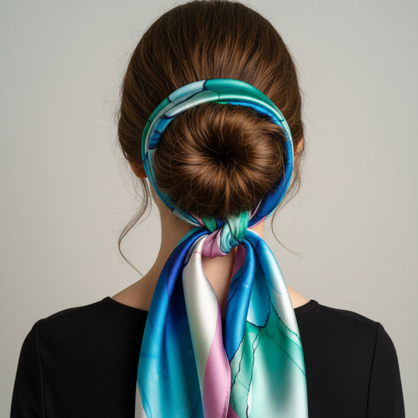 Foulard en soie noué dans les cheveux, bleu, vert et lilas