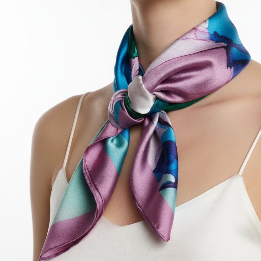 Foulard en soie satin noué autour du cou, bleu, vert et lilas