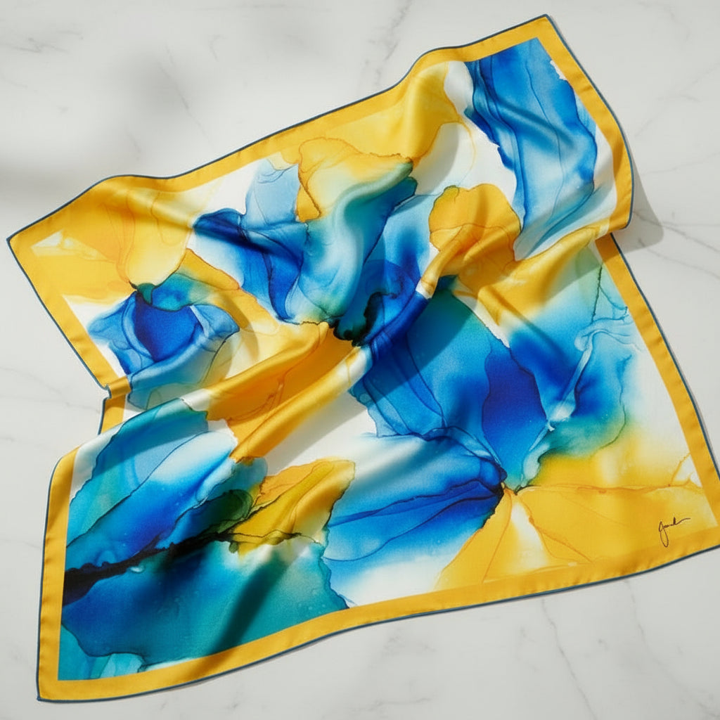 Foulard Onde Solaire en soie satin, jaune et bleu