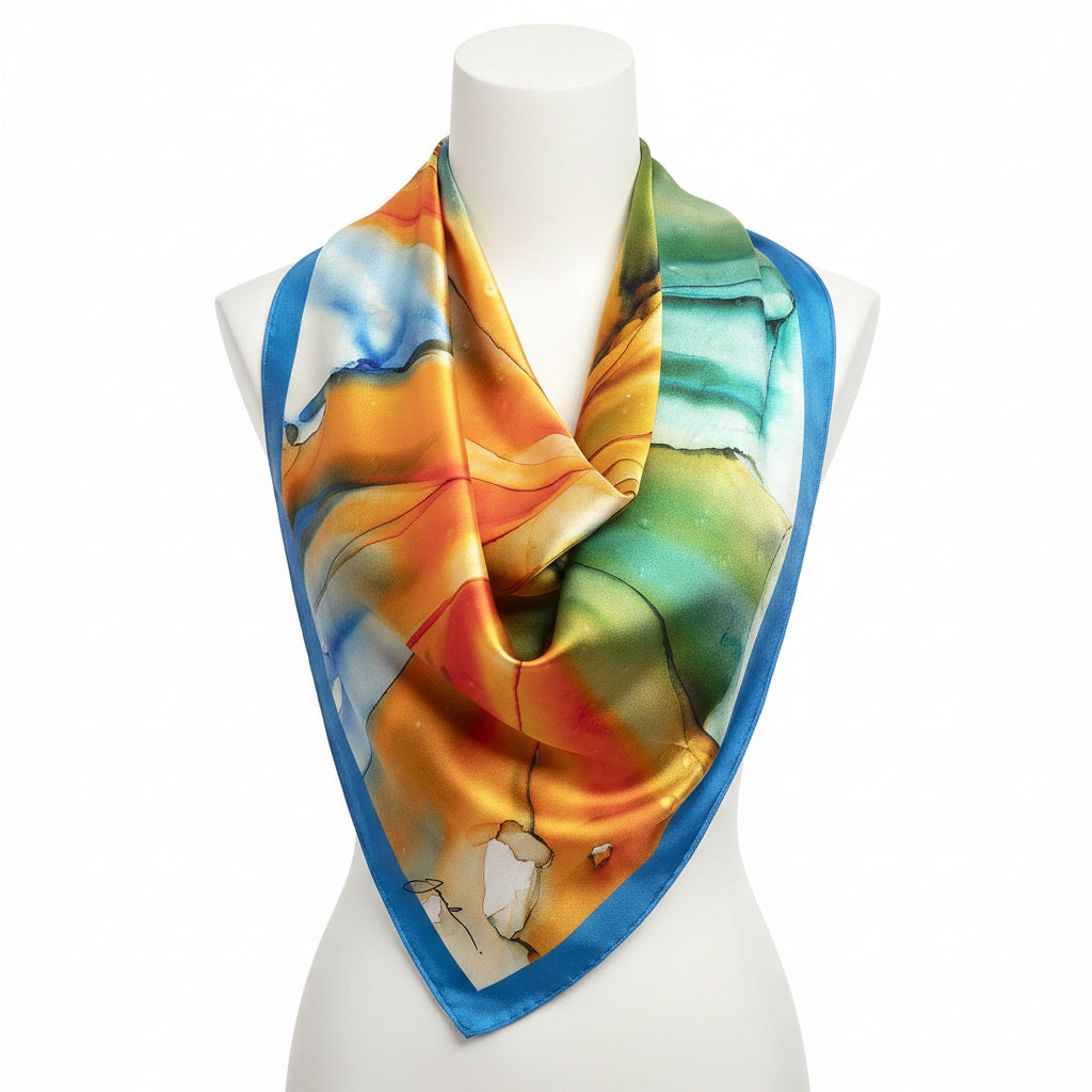Foulard soie, art fluide bleu, vert et orange