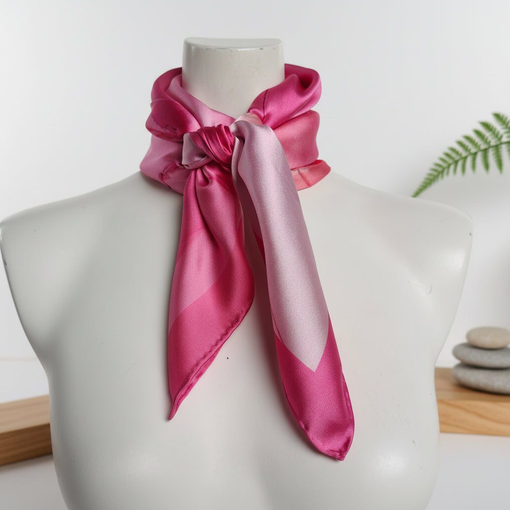 Foulard soie satin, art fluide rose et doré