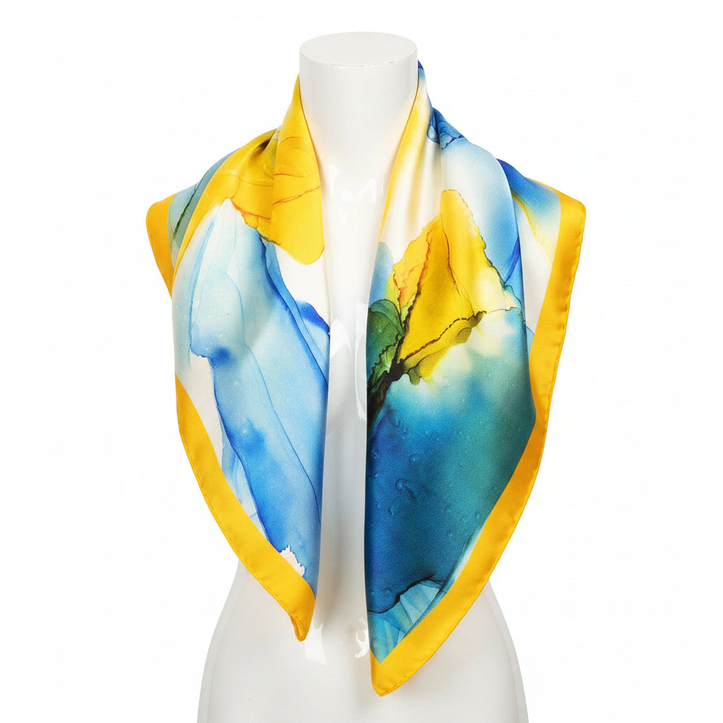 Foulard soie jaune et bleu, art fluide