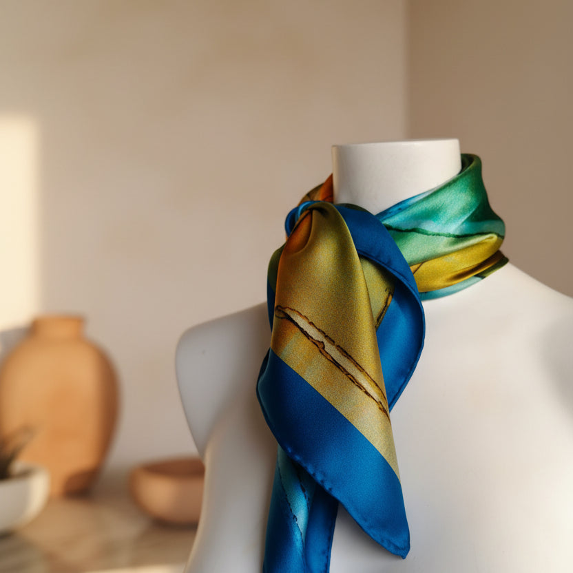 Foulard carré en soie, art fluide bleu, vert et orange
