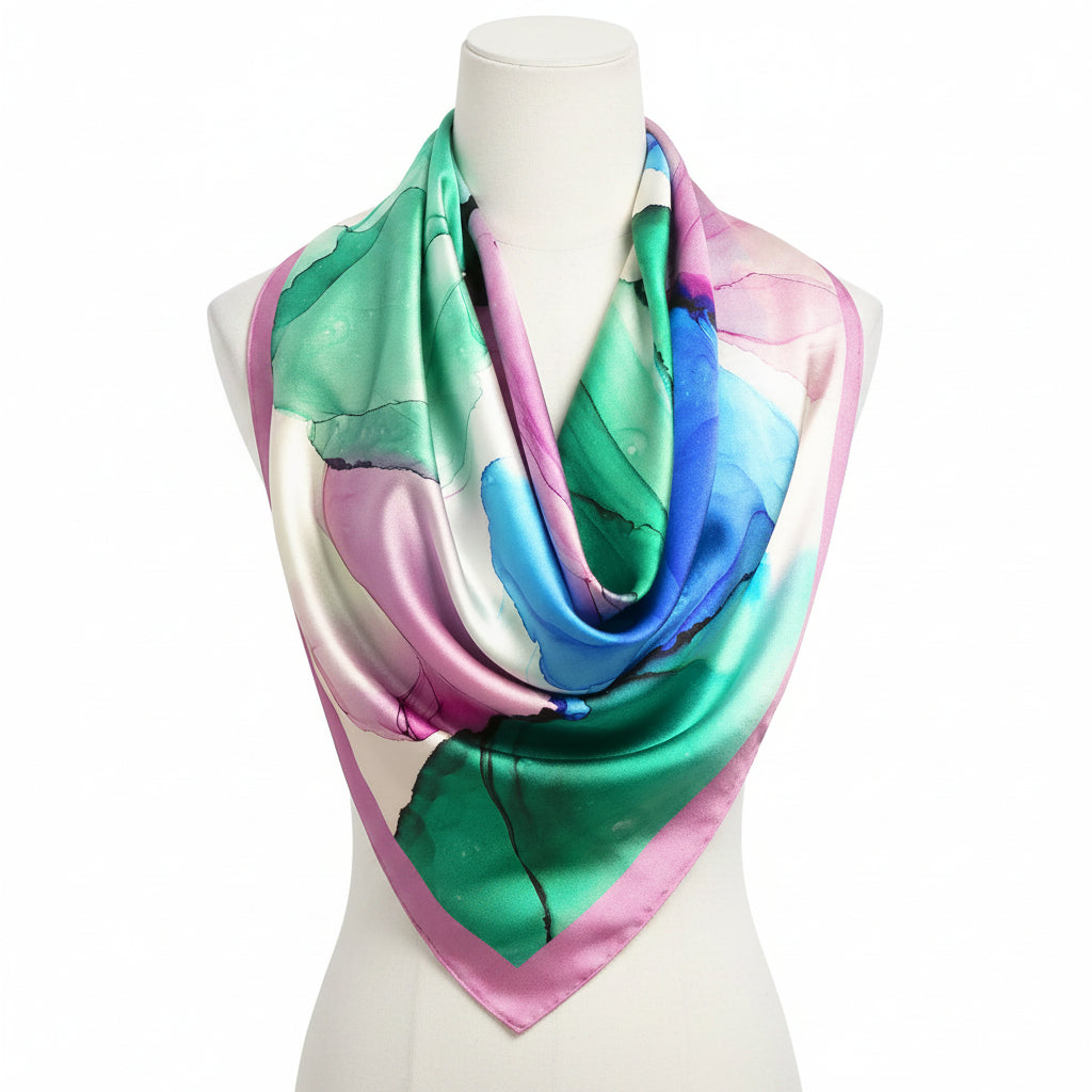 Foulard soie, art fluide bleu, vert et lilas