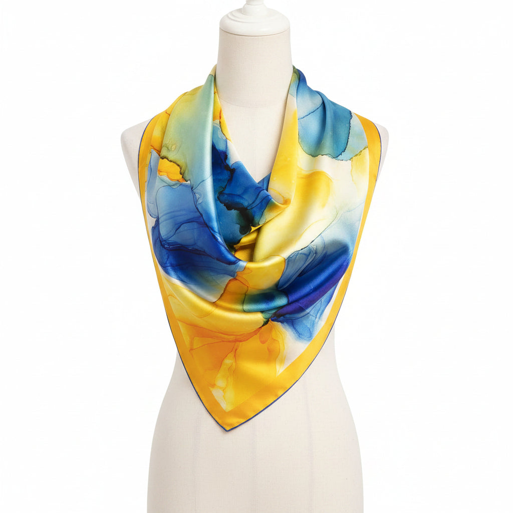Foulard en soie satin art fluide jaune et bleu