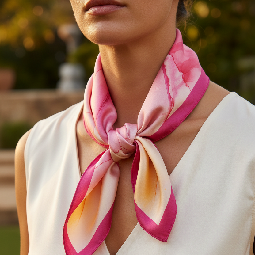 Foulard carré en soie, rose et jaune, art fluide