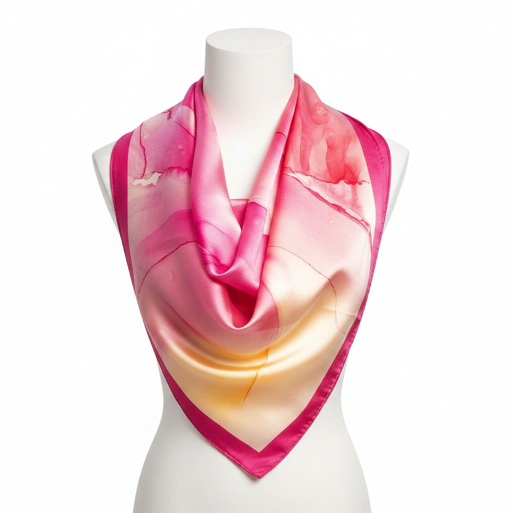 Foulard en soie, art fluide rose et jaune