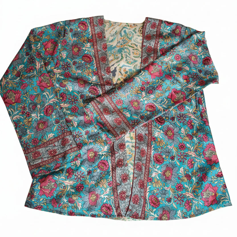 Kimono court en soie réversible turquoise