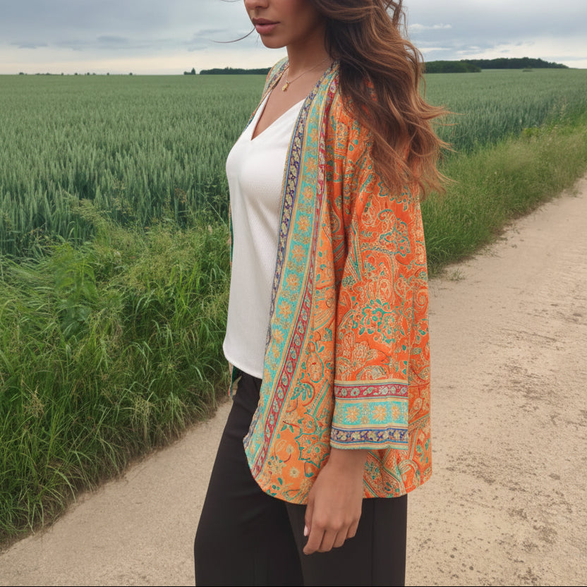 Kimono court jaune orange en soie