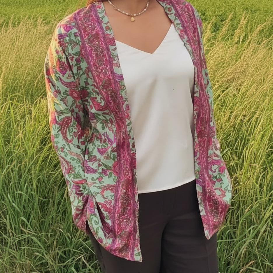 Kimono soie vert et fuschia