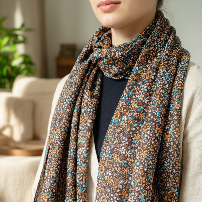 foulard coton liberty avec imprimé floral marron