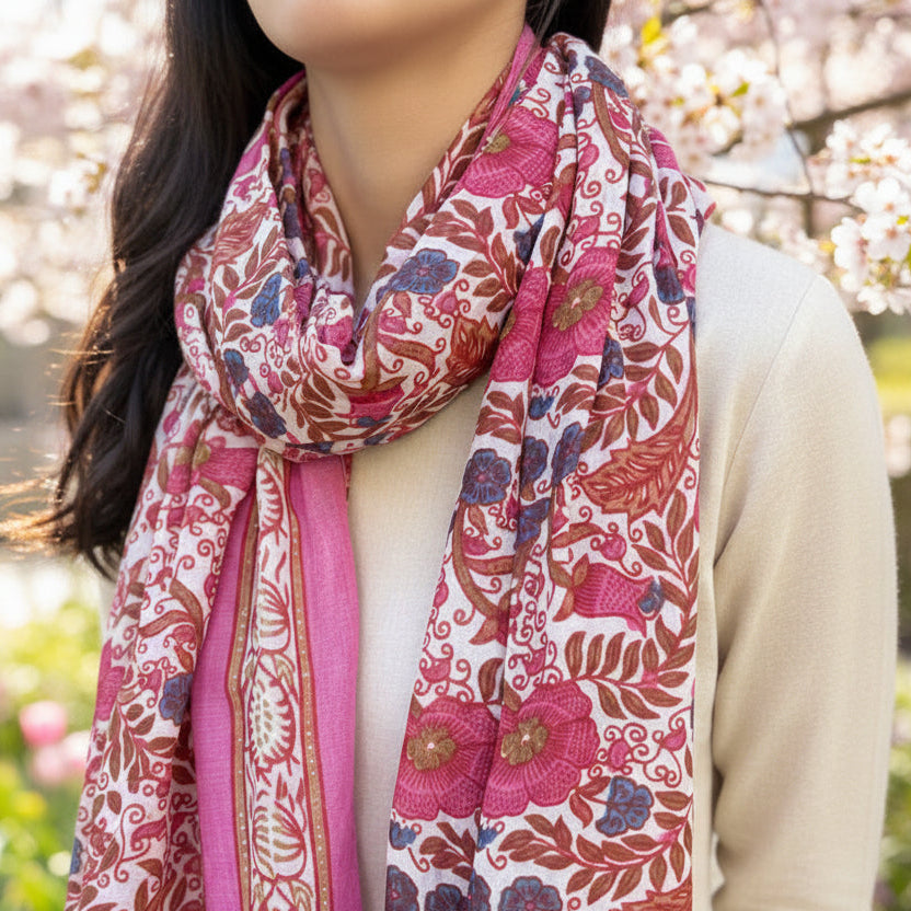 foulard paréo coton naturel rose à motifs artisanaux fleuris 