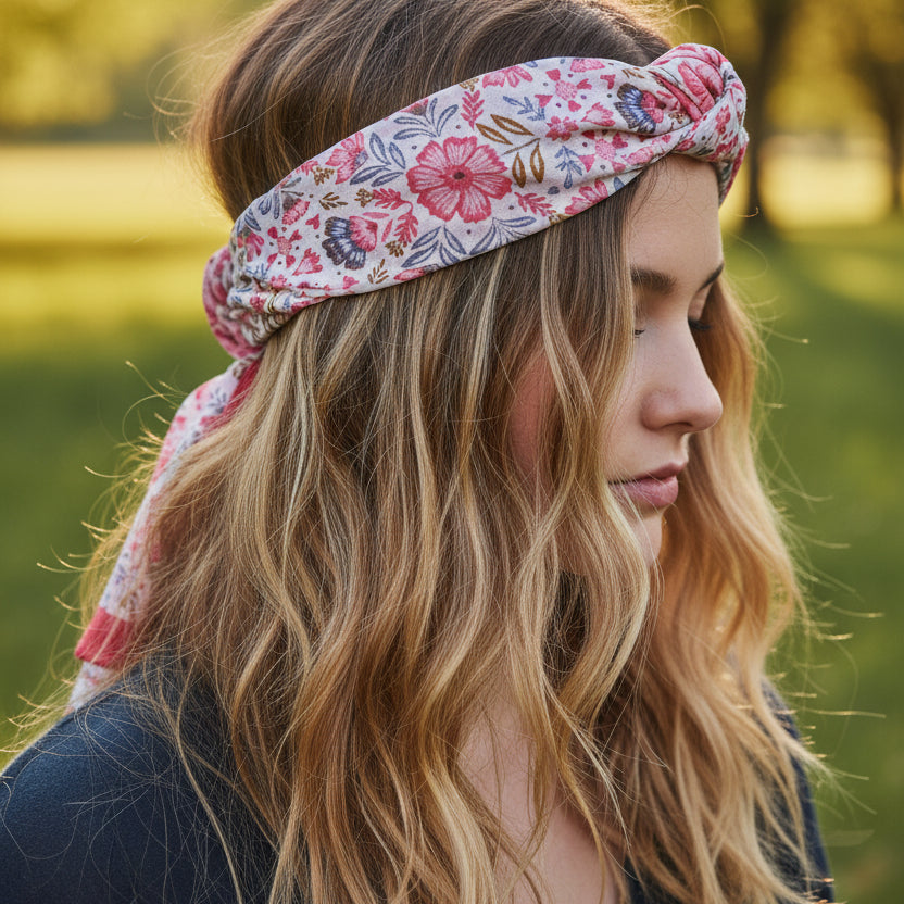 foulard coton naturel motifs floraux imprimés à la main