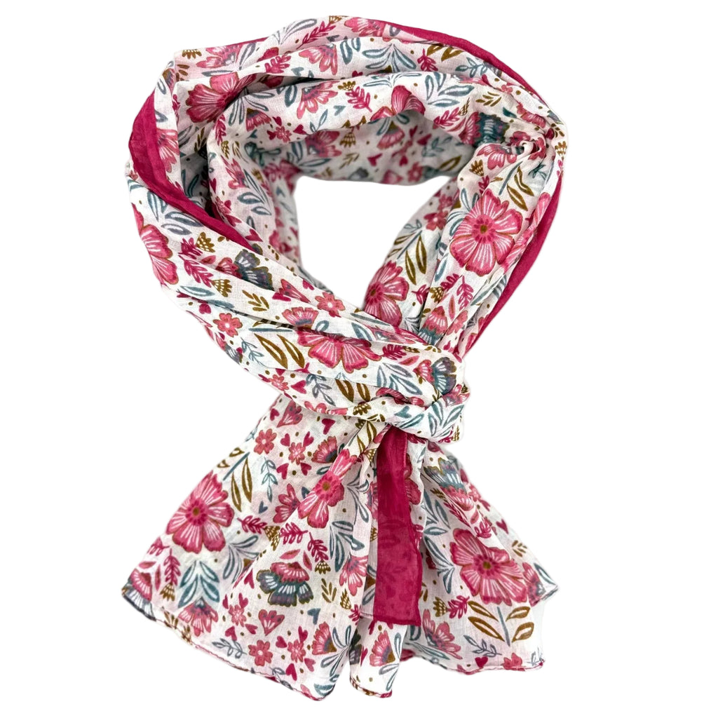 foulard artisanal coton naturel imprimés fleuris blanc et rose