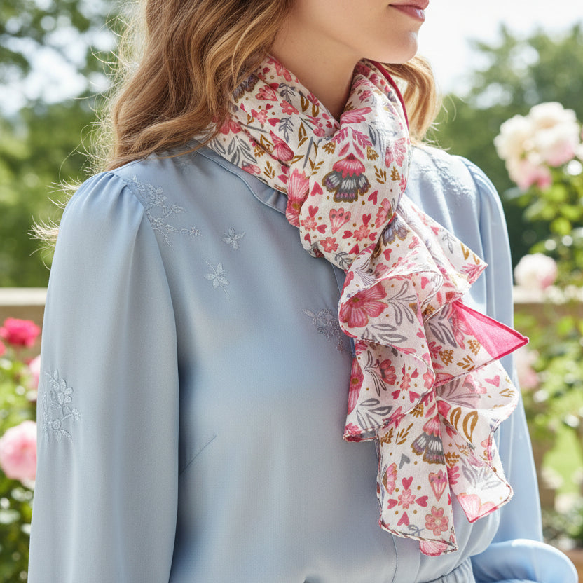 Foulard en coton naturel avec motifs fleuris imprimés à la maison blanc et rose