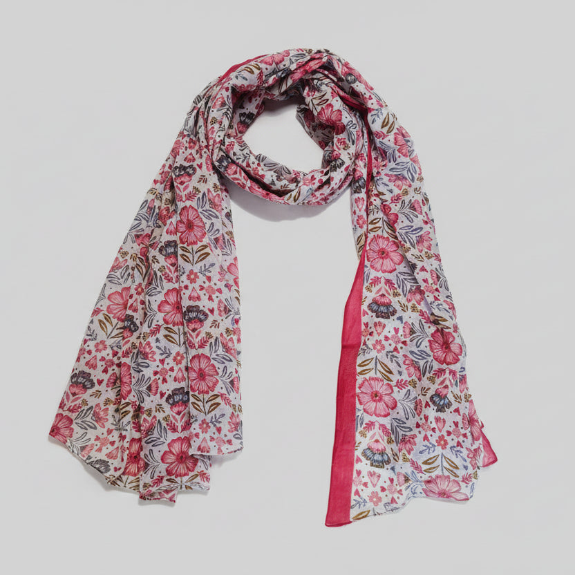 Foulard paréo en coton naturel imprimés à la main motifs fleuris blanc et rose