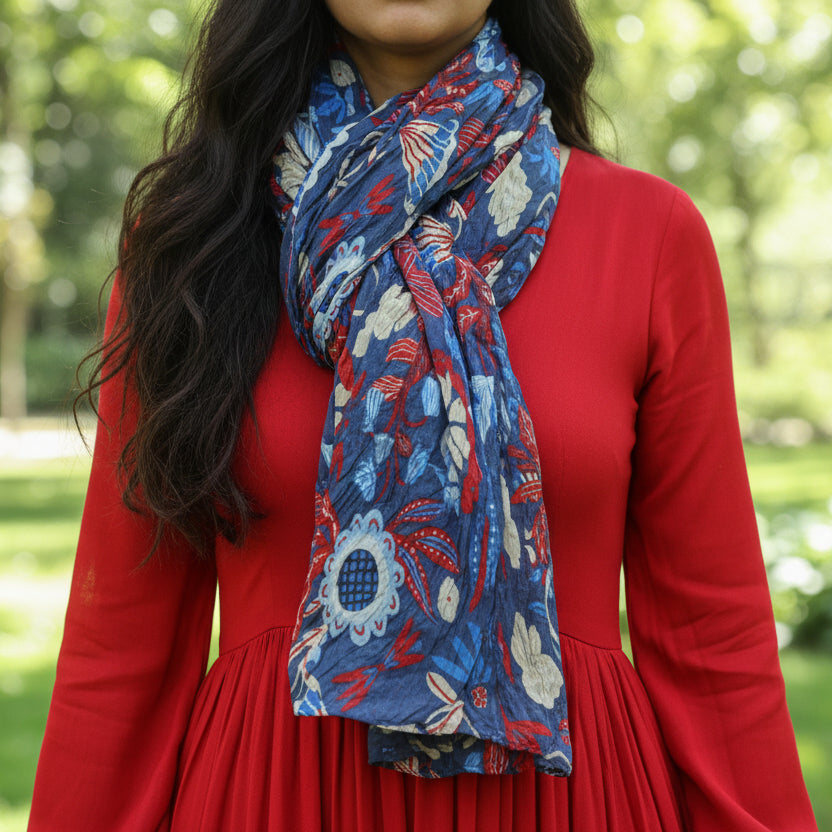 Foulard 100% soie couleur bleu profond aux motifs fleuris sérigraphiés à la main