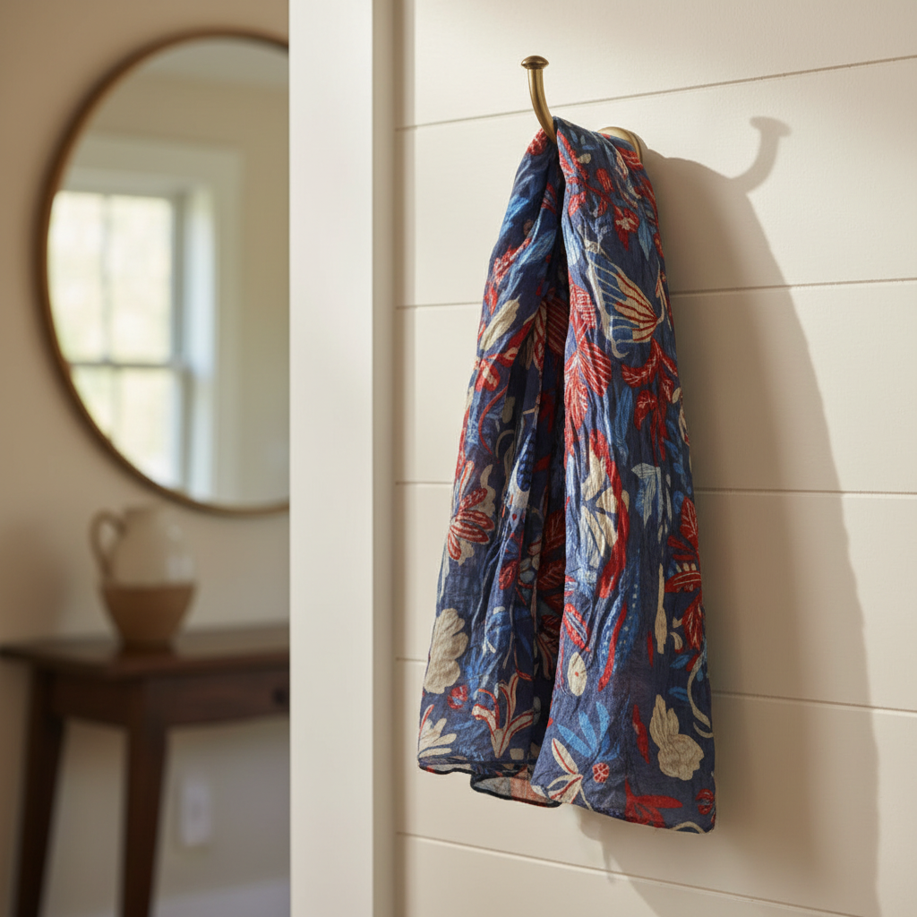 Foulard 100% soie couleur bleu profond aux motifs colorés sérigraphiés à la main