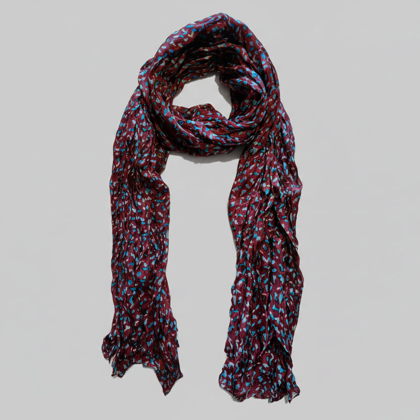 Foulard en soie couleur bordeaux et motifs sérigraphiés à la main