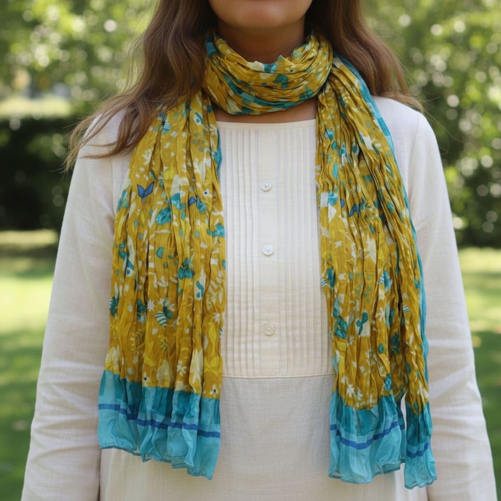 Foulard 100% soie motif sérigraphié à la main couleur moutarde et turquoise