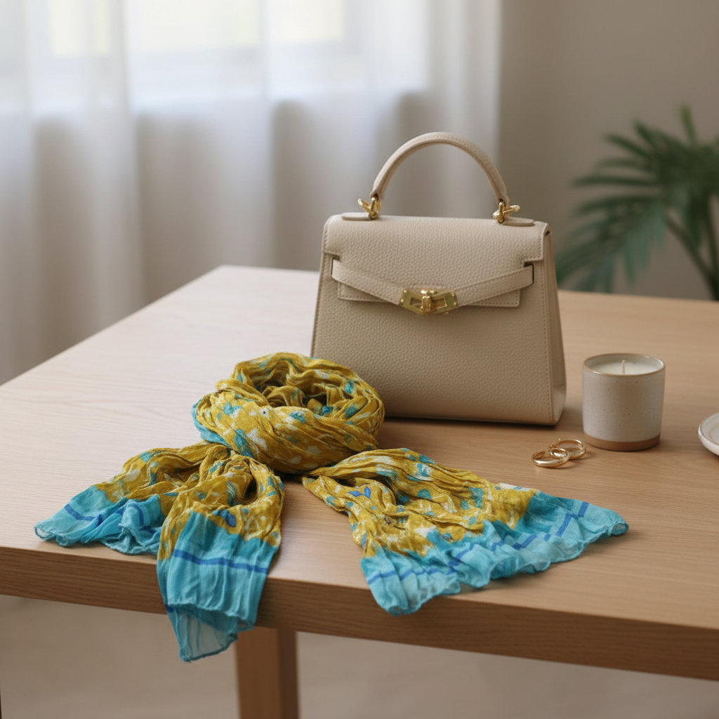 Foulard en soie couleur moutarde et turquoise aux motifs colorés
