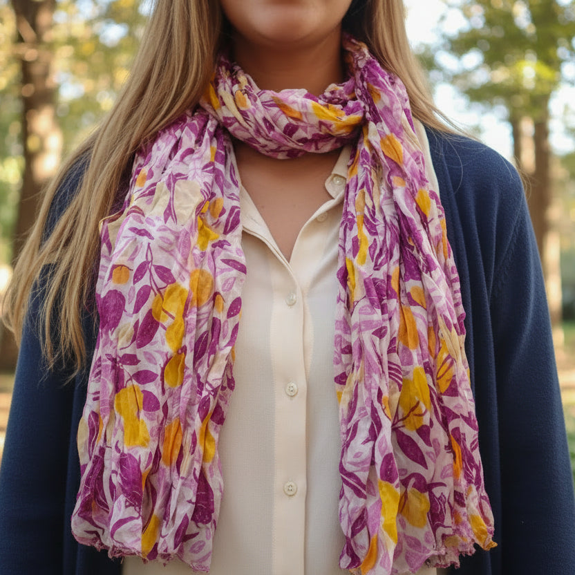 Foulard en soie couleur violet et jaune motif sérigraphié à la main