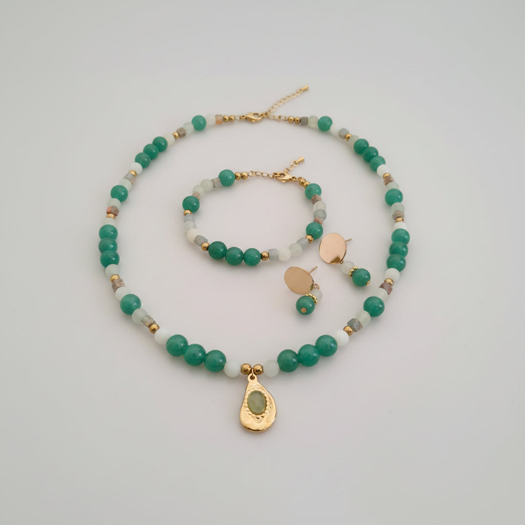 Set complet artisanal en aventurine, jade mat de chine, jaspe impérial et hématite