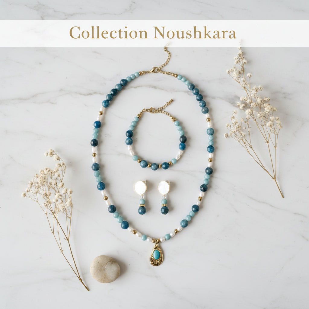 Set complet apatite, amazonite, perles d'eau douce et hématite dorée